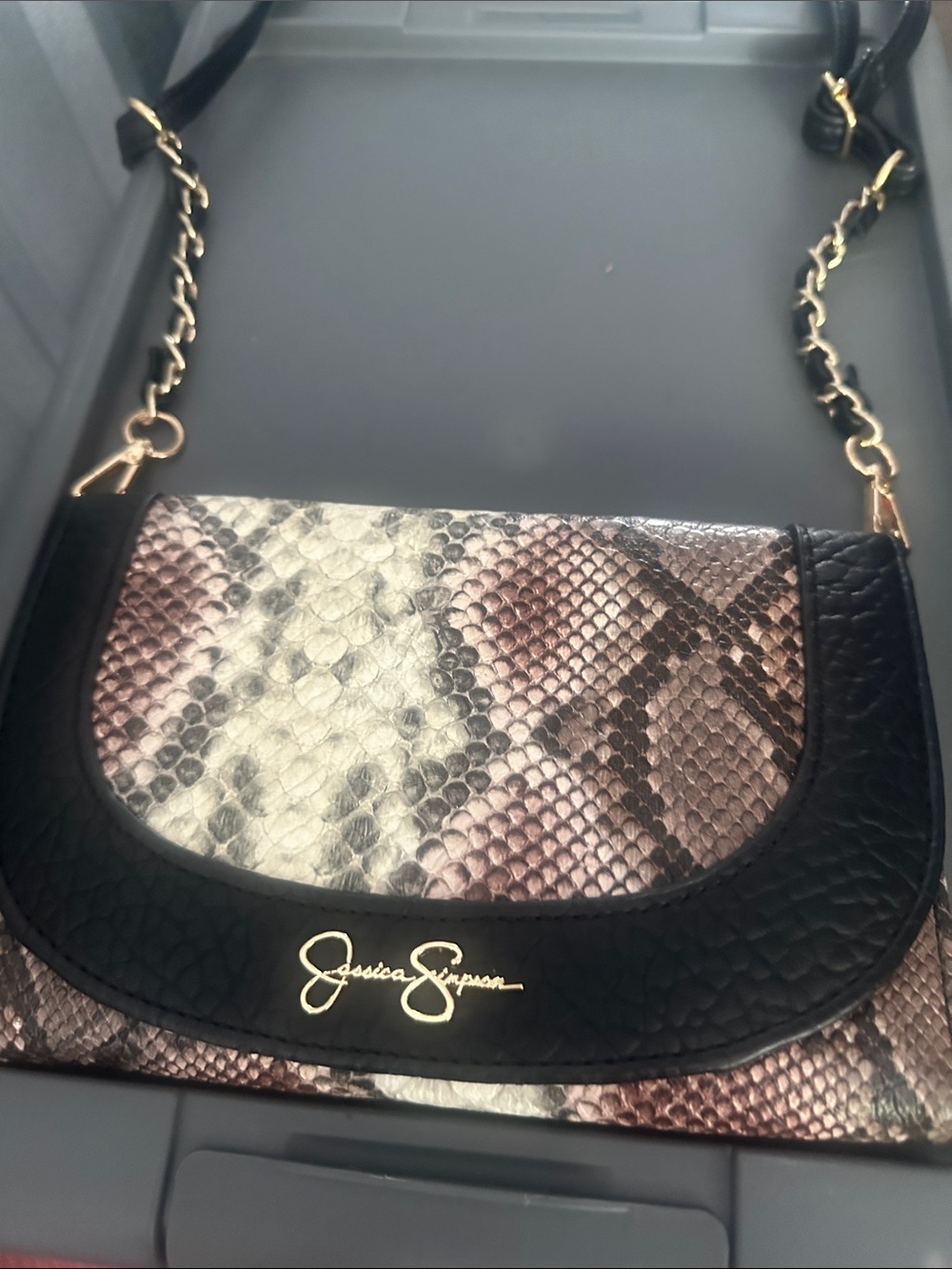 Jessica Simpson Black and Taupe Snake-Print Chain Crossbody